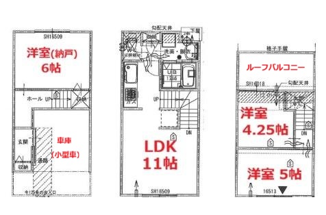 西新井本町1丁目新築戸建の2LDKと6帖納戸・車庫・ルーフバルコニーの間取り図